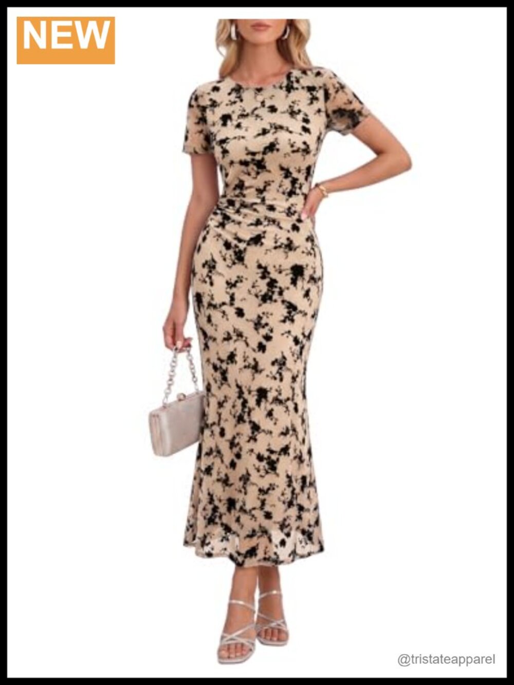 Floral Mesh Bodycon Long Dress Ruched Tummy Slim Fit Cocktail Wedding Guest